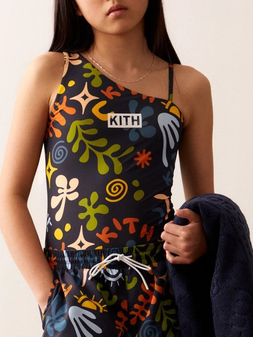 Kith Girls One-Shoulder Swimsuit with Multicolor Abstract Print